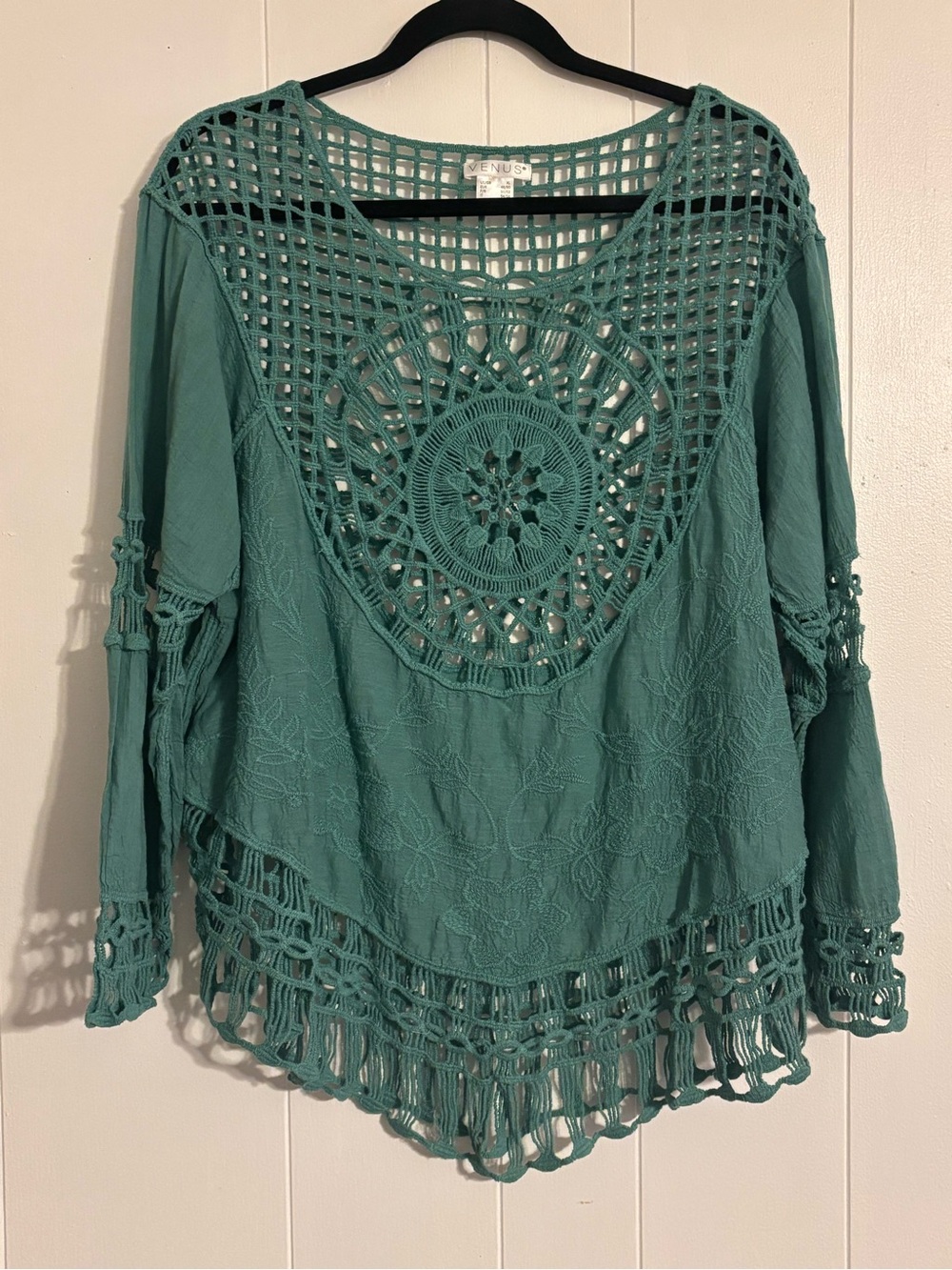 VENUS Teal Crochet Yoke Fringe Blouse